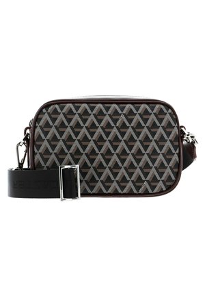Rectangular crossbody bag in black and beige with a geometric triangle pattern. Features a textured strap and silver-tone hardware.