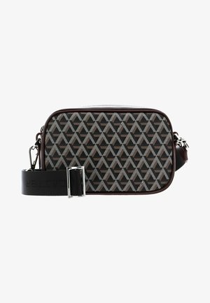 Borsa a tracolla rettangolare in nero e beige con un motivo geometrico a triangolo. Presenta una tracolla testurizzata e accessori in tono argento.