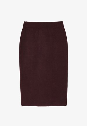 Falda burdeos hasta la rodilla con una textura suave y una cinturilla elástica. Diseño sencillo y ajustado sin patrones visibles ni herrajes.