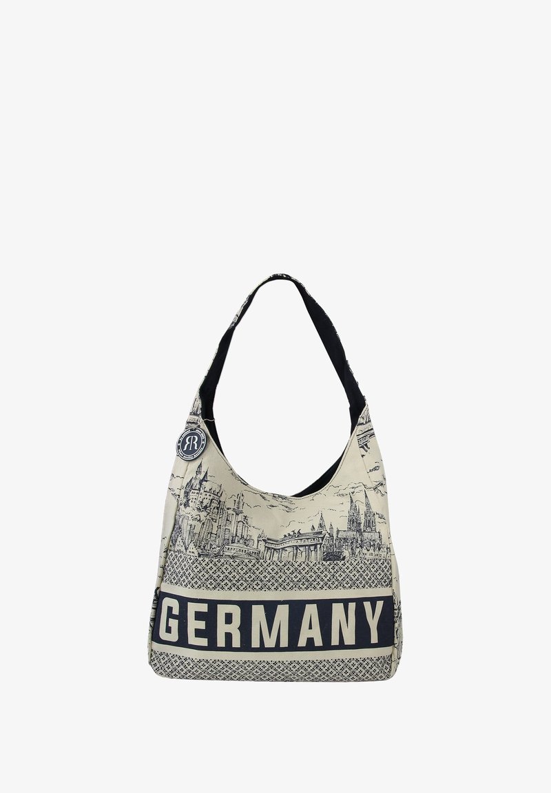 Sac à épaule beige avec des illustrations de monuments allemands en noir et le texte "ALLEMAGNE" en gras. Tissu doux avec une texture lisse et une forme ronde.