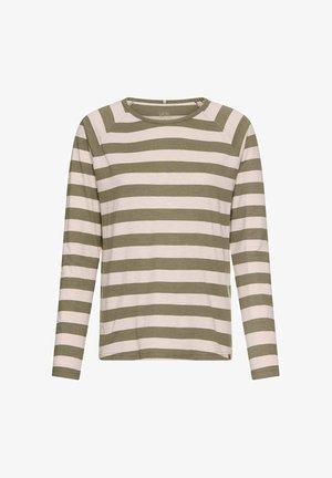 Langærmet skjorte lavet af blødt stof, med horisontale olivengrønne og cremefarvede striber, rund halsudskæring og lige snit.