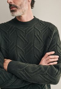 Dunkelgrüner kabelgestrickter Pullover mit einem gerippten Halsausschnitt und strukturierten geometrischen Mustern am Körper und den Ärmeln.
