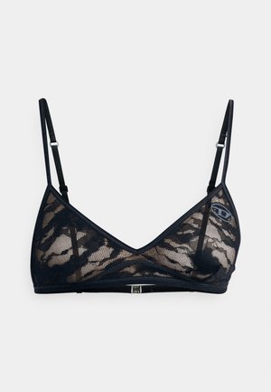 Zwarte kanten bralette met driehoekige cups, verstelbare bandjes en een haaksluiting. Het kant heeft een subtiel bloemenpatroon. Zijdeachtige voering eronder.