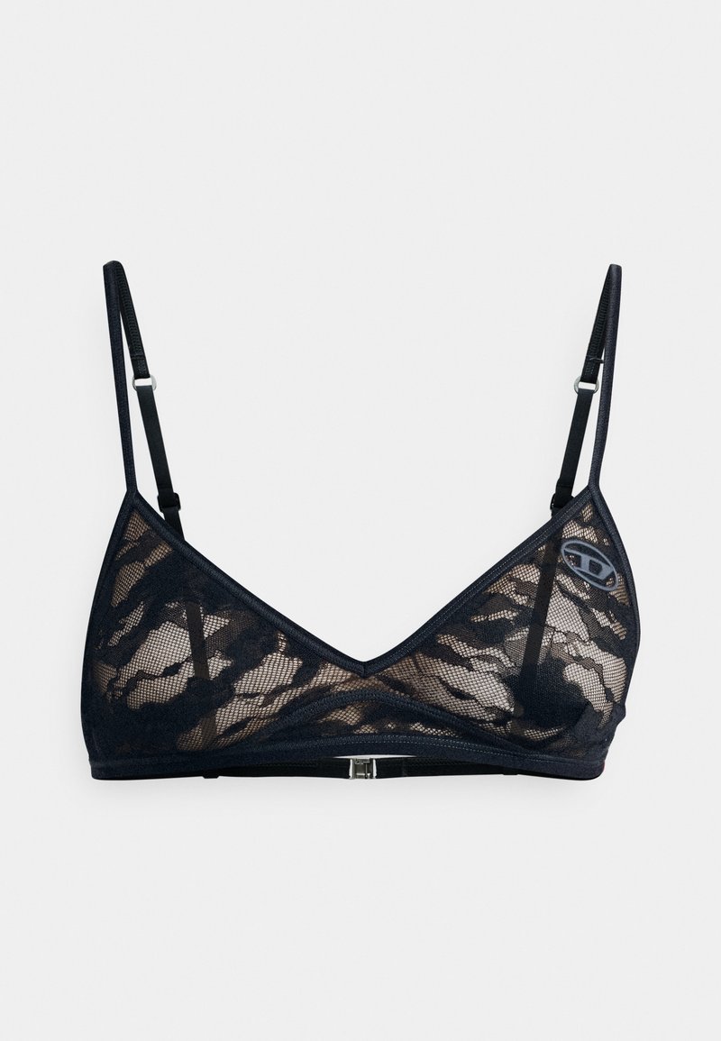 Zwarte kanten bralette met driehoekige cups, verstelbare bandjes en een haaksluiting. Het kant heeft een subtiel bloemenpatroon. Zijdeachtige voering eronder.