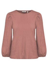 Blusa de color rosado con mangas largas abullonadas, escote redondo y un acabado de tela texturizada. Dobladillo suave con un corte relajado.