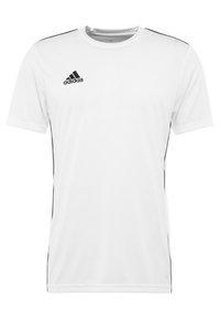 Bílý sportovní tričko s černými akcenty, krátké rukávy, kulatý výstřih, vyrobené z materiálu odvádějícího vlhkost, s logem adidas na hrudi.