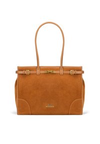 Brązowa torebka z zamszu, z dwoma długimi uchwytami, złotym zapięciem i subtelnym logo umieszczonym w dolnym środku. Prostokątny kształt.