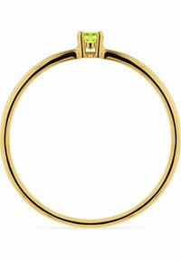 Guldring med en tunn ring, med en liten rektangulär grön ädelsten i en minimalistisk design på toppen. Slät, polerad yta.