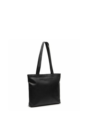 Borsa tote in pelle nera con due lunghi manici a tracolla, forma rettangolare e texture liscia su sfondo bianco.