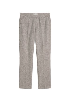 Graue Hosen aus strukturiertem Stoff. Mit flachem Vorderteil, Seitentaschen und geradem Bein. Keine sichtbaren Beschläge oder Muster.