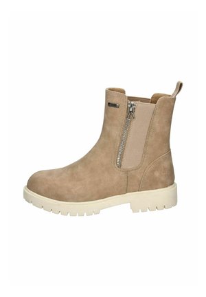 Beige suede ankle boots with a side zipper, elastic panel, and white chunky sole. Features a textured upper and pull tab for easy wear.