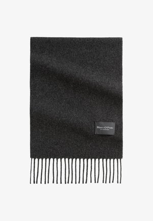 Dark gray wool scarf with a smooth texture, fringed edges, and a small black brand label. Simple, rectangular design.