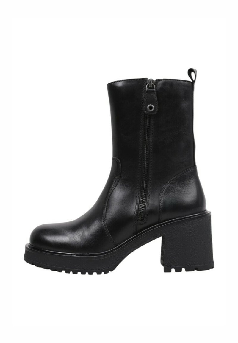 Black leather ankle boot with a chunky square heel, side zipper, round toe, and textured rubber sole. Simple design with no visible patterns.