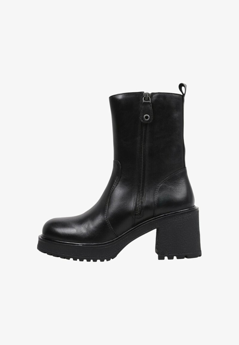 Black leather ankle boot with a chunky square heel, side zipper, round toe, and textured rubber sole. Simple design with no visible patterns.