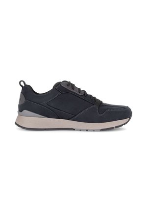 Black athletic sneaker with dark laces, gray stitching, and a thick beige sole, shown in profile against a white background.
