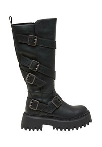 Botas de cuero negras hasta la rodilla con múltiples correas anchas y hebillas de metal, superficie texturizada y una suela de plataforma robusta con surcos profundos.
