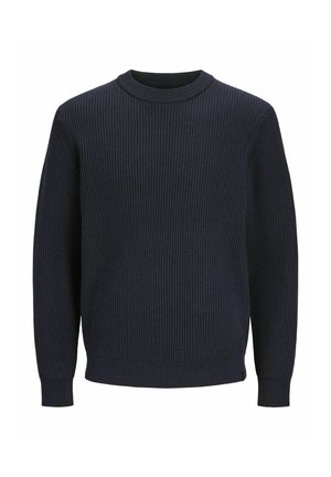 Pull en tricot côtelé marine avec un col rond et des manches longues ; présente un tissu texturé et un ourlet ajusté à la taille.
