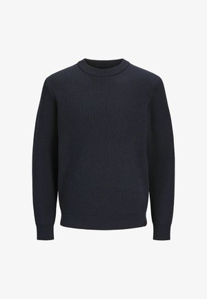 Sötétkék bordázott kötött pulóver kerek nyakkivágással és hosszú ujjakkal; texturált anyaggal és testhezálló derékrésszel rendelkezik.