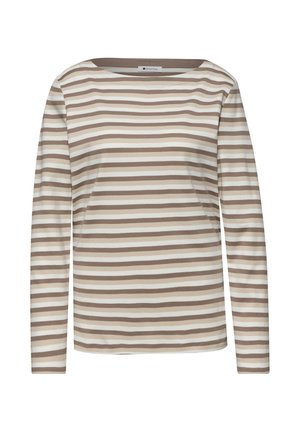Haut à manches longues pour femmes avec rayures horizontales beige, taupe et blanches, col rond et coupe régulière.