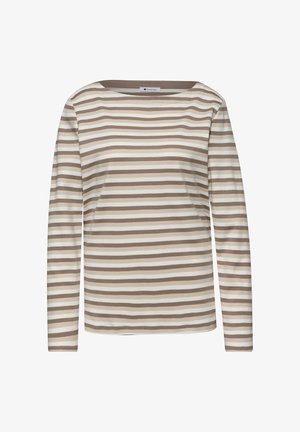 Maglia donna a maniche lunghe con righe orizzontali beige, taupe e bianche, scollo rotondo e vestibilità regolare.