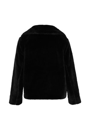 Chaqueta de piel sintética negra con mangas largas y un gran cuello, mostrada desde la parte posterior sobre un fondo blanco.