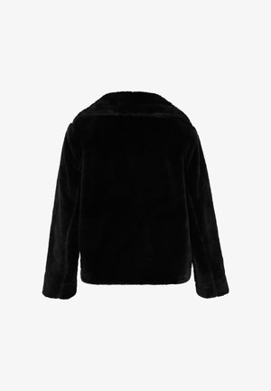 Black faux fur jacket with long sleeves and a wide collar, shown from the back on a white background.