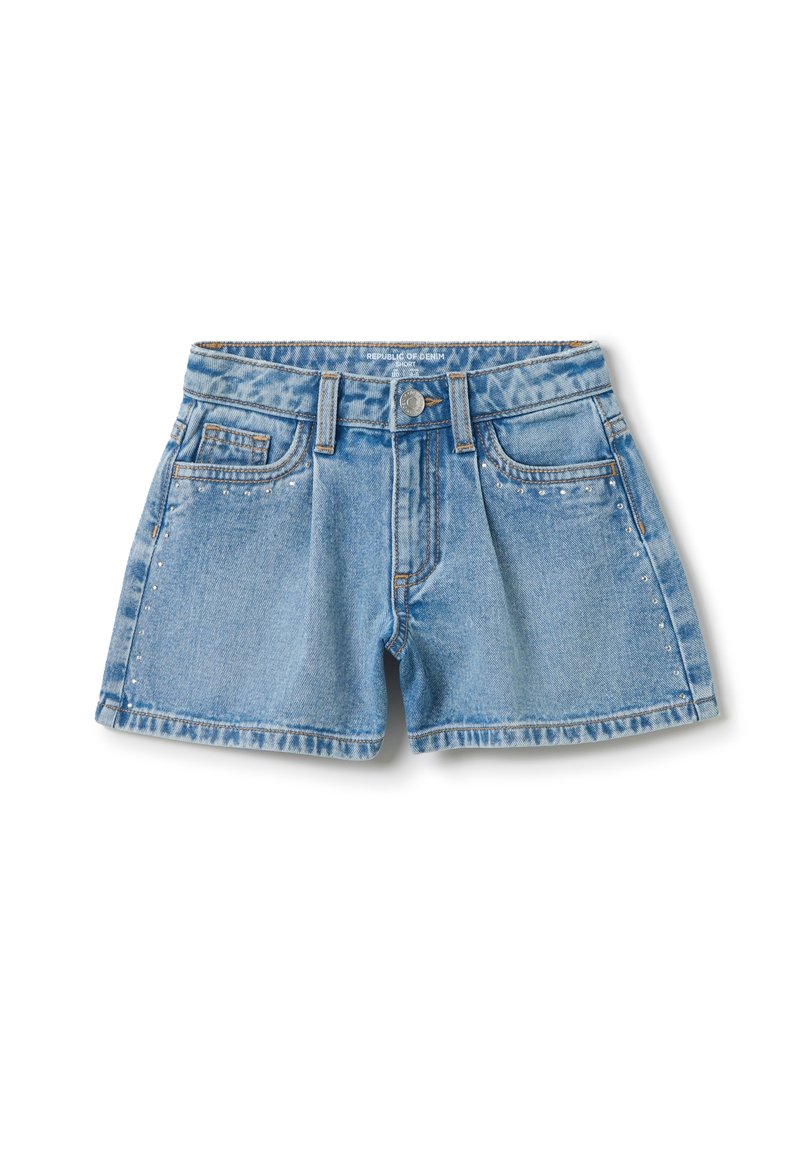 Light blue denim shorts with a high waist, five pockets, and decorative studs along the side seams. Traditional stitching and a button closure.