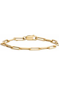 Goldene Kettenarmband mit verlängerten Gliedern und polierter Oberfläche sowie einem sicheren Verschluss. Glatte Textur mit schlankem Design.
