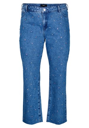 Vaqueros de mezclilla azul con corte recto, adornados con gemas coloridas dispersas. Incluyen cinturilla estándar y bolsillos frontales.