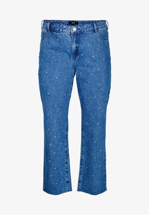 Blaue Jeans aus Denim mit geradem Schnitt, verziert mit verstreuten bunten Edelsteinen. Mit standardmäßigem Bund und Vordertaschen.