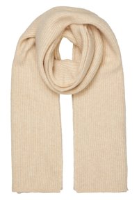 Beige kudumaterjaliga salli, millel on sooniktekstuur, pika ja laia kujuga ning pehmet materjali. Sall on väljapanekuks kokku keeratud.