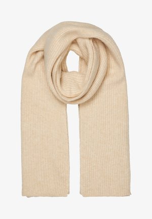 Beige kötött sál bordázott textúrával, hosszú, széles formával és puha anyaggal. A sál feltekerve van bemutatva.