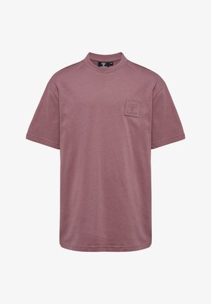 T-Shirt mit kurzen Ärmeln und Rundhalsausschnitt aus mauve-farbenem Baumwollstoff, ausgestattet mit einer quadratischen Tasche mit erhabenem Logo. Weicher Stoff und lockere Passform.