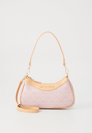Pink handbag with a textured finish, featuring a light pink body, beige accents, and a logo. Includes a detachable shoulder strap.