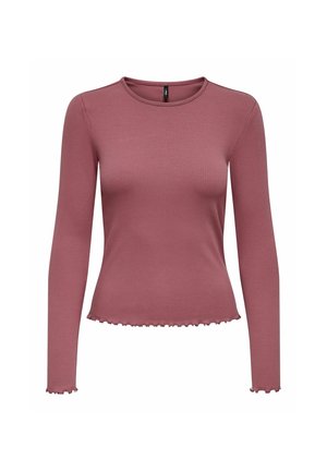 Long-sleeve fitted ribbed top in dusty rose with round neckline and lettuce hem on sleeves and waist.