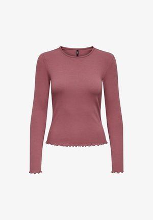 Long-sleeve fitted ribbed top in dusty rose with round neckline and lettuce hem on sleeves and waist.