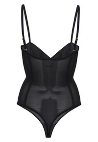 Zwarte bodysuit met een transparant ontwerp, V-hals, dunne verstelbare bandjes en gouden hardwareaccenten. Soepele textuur en aansluitende vorm.