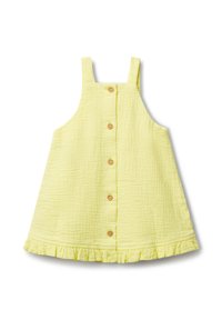 Abito giallo senza maniche realizzato in un tessuto texture crepato. Presenta bottoni frontali in legno e un orlo arricciato nella parte inferiore.