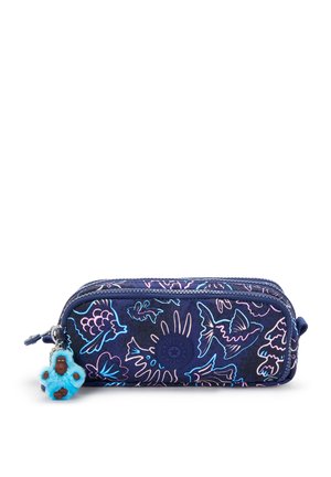 Astuccio blu a fantasia con motivi floreali e animali, caratterizzato da un logo rotondo e un piccolo charm a forma di scimmia blu attaccato.