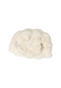 Witte nepbont haarband met een gerimpeld ontwerp. Zachte textuur, ronde vorm, met een discreet label aan één kant. Geschikt voor koudere weersomstandigheden.