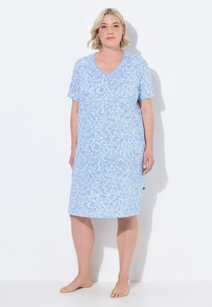 Camicia da notte blu floreale con maniche corte, scollo a V, lunghezza al ginocchio, realizzata in tessuto leggero, con piccoli motivi di fiori bianchi e gialli.