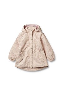 Veste de pluie rose clair avec un motif floral, manches élastiques, boutons-pression et capuche. Dispose de deux poches avant et d'une taille froncée.