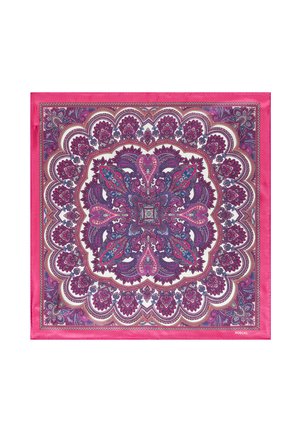 Square silk scarf with intricate pink, purple, and blue paisley and floral patterns and a bold pink border.