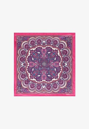 Square silk scarf with intricate pink, purple, and blue paisley and floral patterns and a bold pink border.
