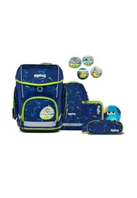 Backpack set in navy and green, featuring geometric patterns. Includes a backpack, pencil case, small bag, and a plush toy.