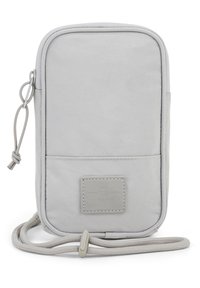 Borsa per telefono in tela grigia caratterizzata da una forma rettangolare, tasca anteriore, superficie testurizzata e un'etichetta con logo accompagnata da una tracolla intrecciata.