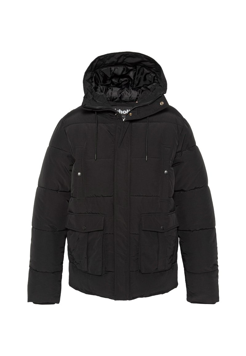 Czarna pikowana kurtka z kapturem, posiadająca dwie przednie kieszenie, regulowane sznurki oraz zamek błyskawiczny. Gładka tekstura, ocieplany fason.