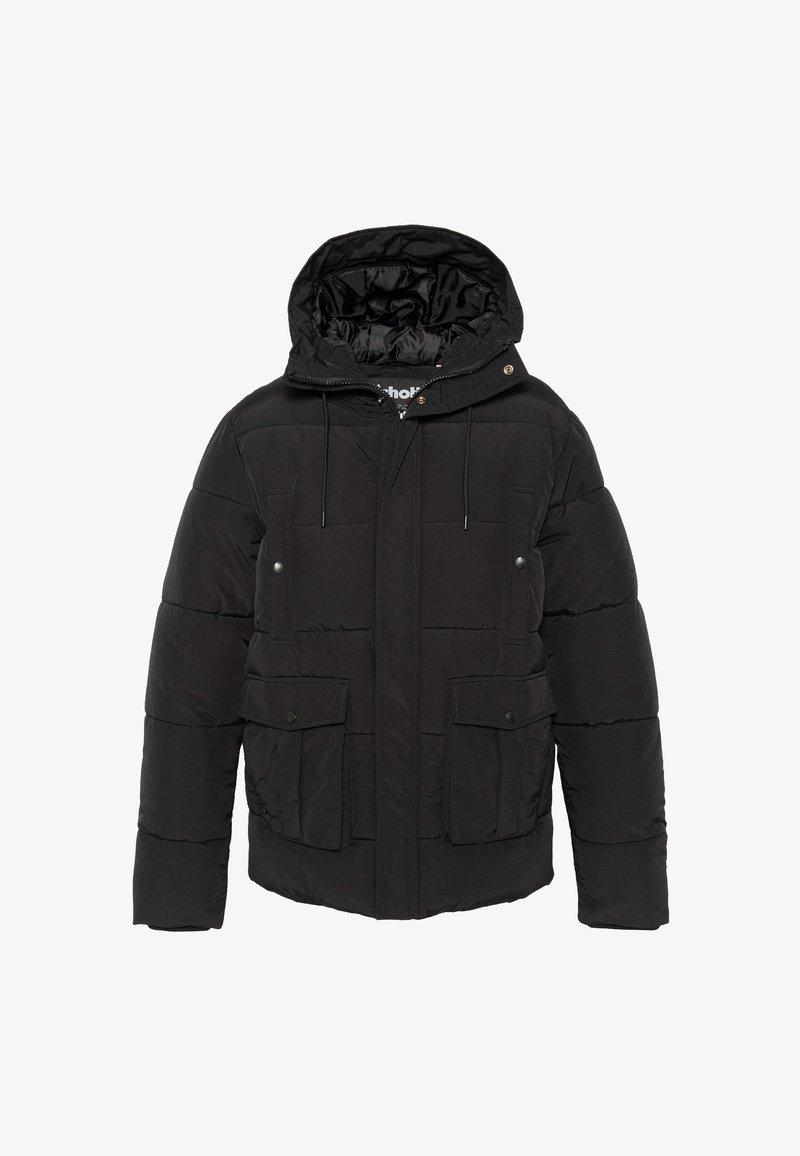 Czarna pikowana kurtka z kapturem, posiadająca dwie przednie kieszenie, regulowane sznurki oraz zamek błyskawiczny. Gładka tekstura, ocieplany fason.