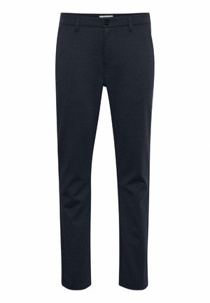 Navy cotton trousers with a straight cut, featuring a button closure, side pockets, and smooth texture. No visible patterns or graphics.