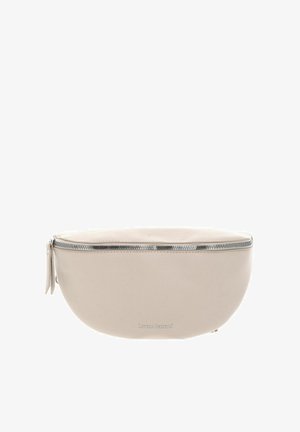 Runder, hellbeiger Lederbeutel mit strukturiertem Finish und silbernem Reißverschluss. Merkmale sind dezente Markenkennzeichnung an der Unterseite und ein kompaktes Design.